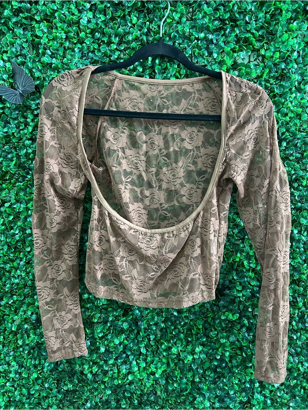 Brown Sheer Lace Crop Top | Long Sleeve Floral Mesh Top |